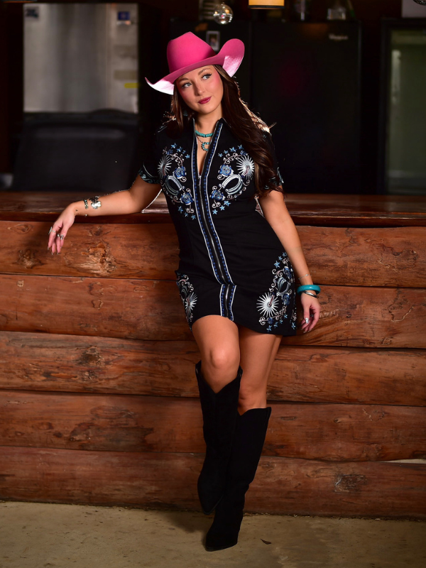 Make Them Stare Embroidered Zip Up Dress, Black/Blue/Pink – Reesey