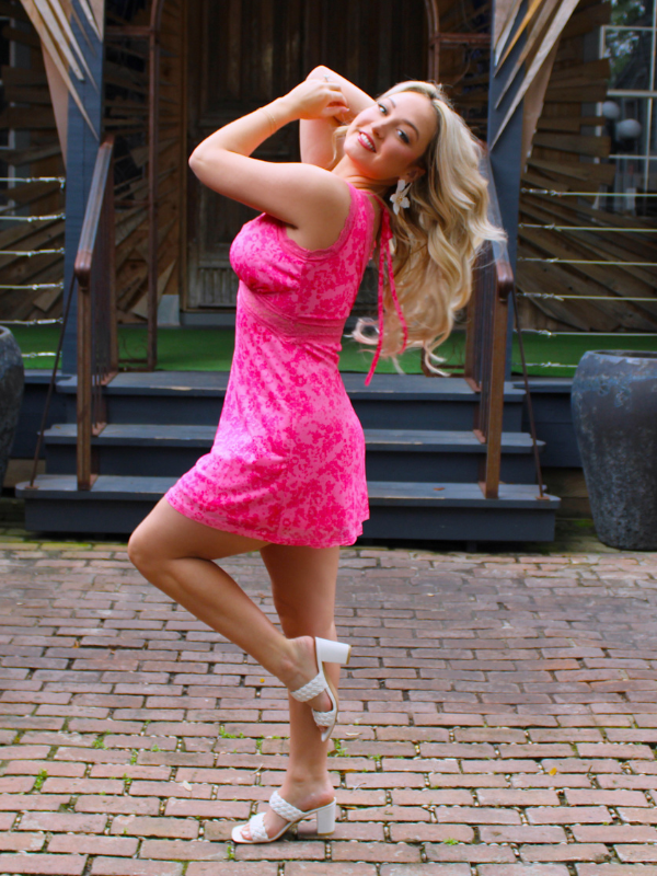 Summer Awaits Floral Print Mesh Mini Dress with Lace Trim, Hot Pink Reesey B's Boutique Summer Awaits Floral Print Mesh Mini Dress with Lace Trim, Hot Pink Reesey B's Boutique
