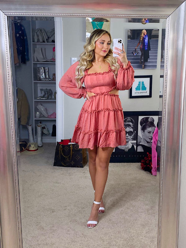 Sweet As Cider Ruffle Dress with Cut Out Sides, Rust – Reesey B's Boutique Sweet As Cider Ruffle Dress with Cut Out Sides, Rust – Reesey B's Boutique