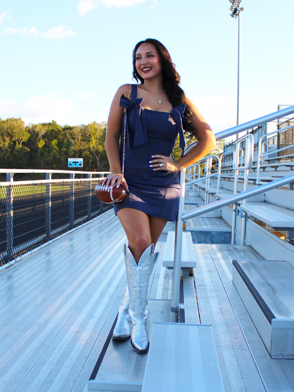 Game Day Cutie Dress with Shoulder Bows, Blue