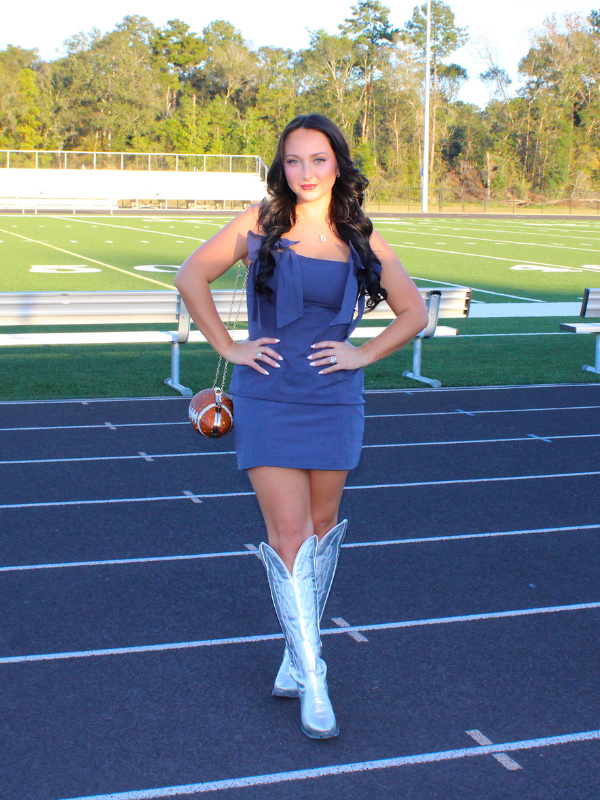 Game Day Cutie Dress with Shoulder Bows, Blue