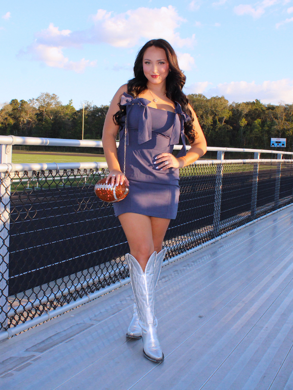 Game Day Cutie Dress with Shoulder Bows, Blue