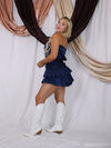 Classy Until Kickoff Strapless Ruffle Romper, Navy