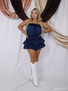 Classy Until Kickoff Strapless Ruffle Romper, Navy