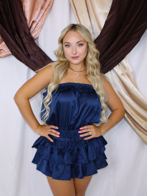 Classy Until Kickoff Strapless Ruffle Romper, Navy