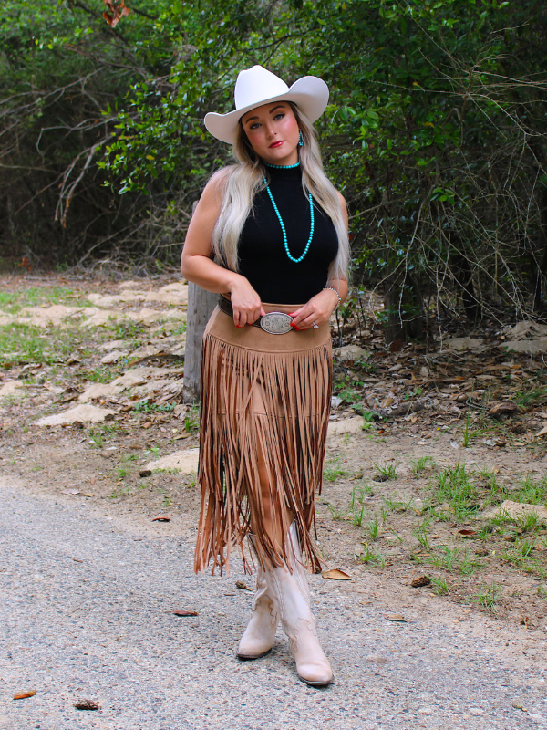 Spin Me Around Suede Tiered Fringe Skirt, Tan