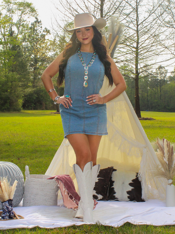 open back denim dress Women's blue Open-Back Denim Becca is 55 Having A Good Time Open