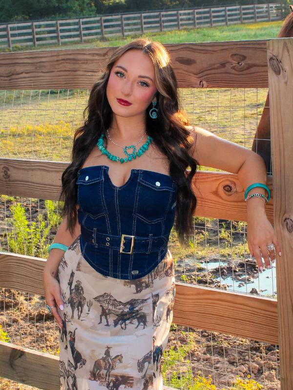 Golden Hour Dream Belted Corset Top, Dark Denim