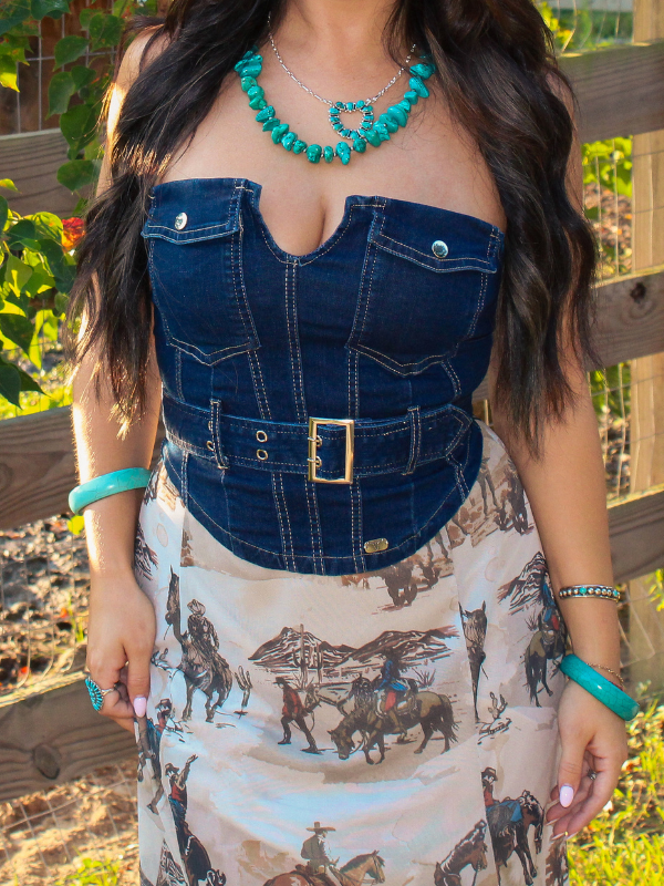 Golden Hour Dream Belted Corset Top, Dark Denim
