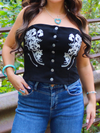 Playing Nice Strapless Button Up Top, Black w/ White Floral design