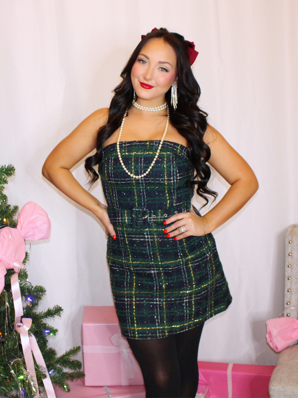 Sleigh The Season Plaid Tweed Dress, Green Plaid