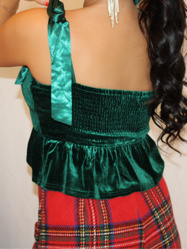 Holly Jolly Tie Shoulder Velvet Top, Green