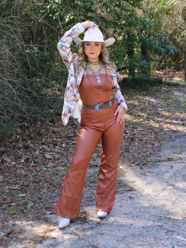 He's All Hat No Cattle Faux Leather Strapless Jumpsuit, Camel