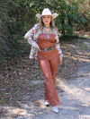 He's All Hat No Cattle Faux Leather Strapless Jumpsuit, Camel