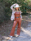 He's All Hat No Cattle Faux Leather Strapless Jumpsuit, Camel