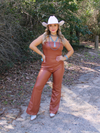 He's All Hat No Cattle Faux Leather Strapless Jumpsuit, Camel