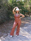 He's All Hat No Cattle Faux Leather Strapless Jumpsuit, Camel