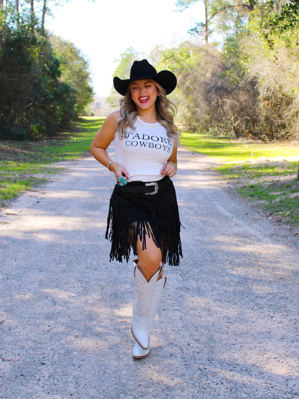 Saddle Up Suede Fringe Skirt, Black