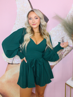 Holiday Ready Tie Waist Romper, Hunter Green