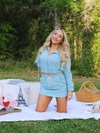Good Vibes Only Two Piece Set Long Sleeve Hoodie and Skirt, Dusty Blue