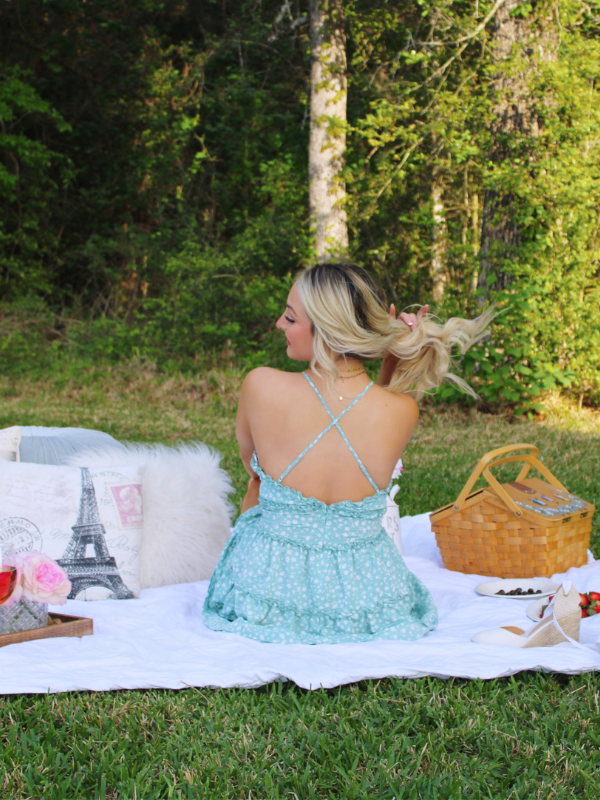 Picnic Date Floral Print Ruffle Tiered Open Back Dress, Mint