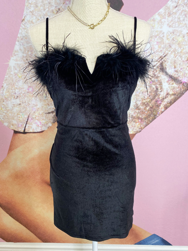 Own The Night V-Cut Velvet Dress with Feather trim, Black