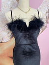 Own The Night V-Cut Velvet Dress with Feather trim, Black