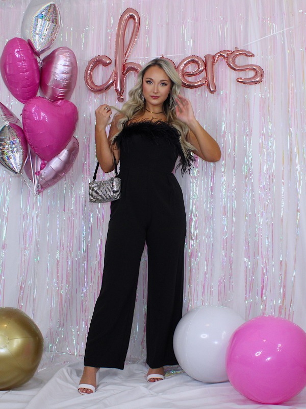 Poppin' Bottles Strapless Jumpsuit with Feather Trim, Black