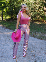 Disco Cowgirl Metallic Vegan Leather Pants Straight Leg, Pink