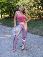 Disco Cowgirl Metallic Vegan Leather Pants Straight Leg, Pink