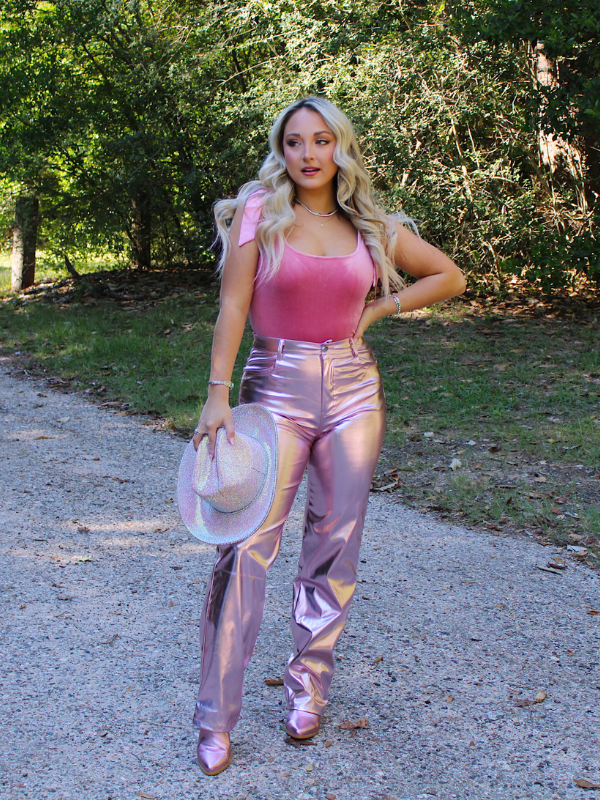 Disco Cowgirl Metallic Vegan Leather Pants Straight Leg Pink