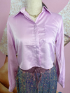 New Beginnings Satin Long Sleeve Button Front Crop Top, Lilac
