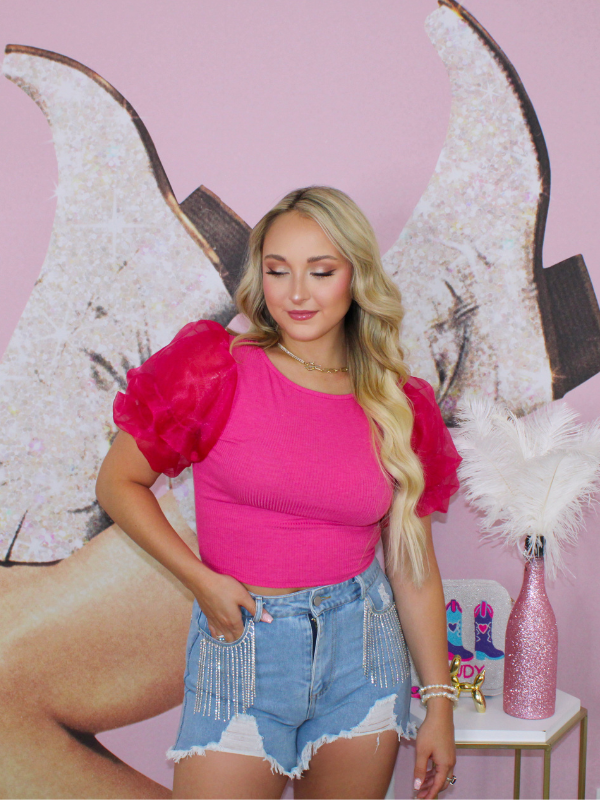 Queen Of Extra Tulle Puff Sleeve Crop Top, Fuchsia