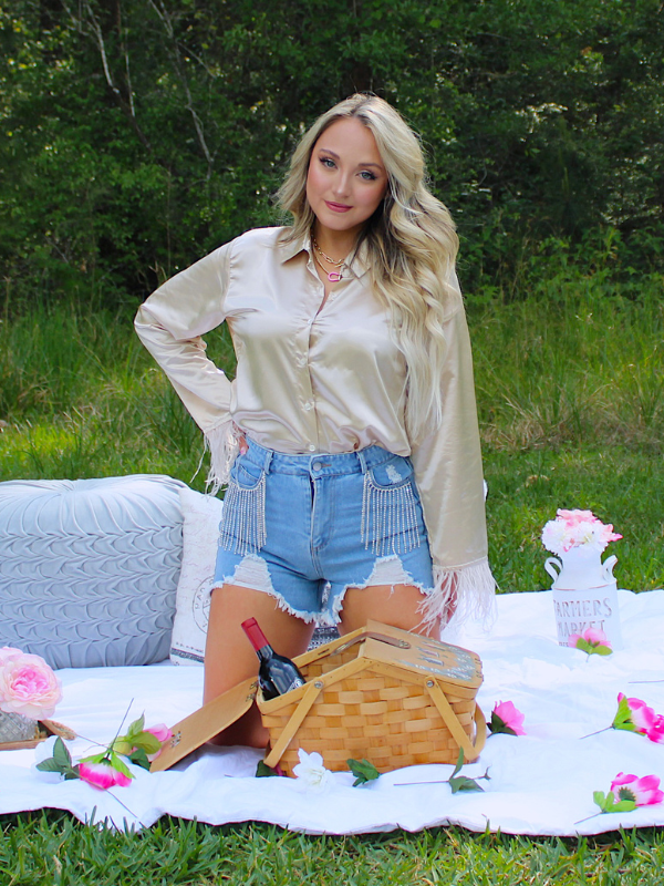 Denim shorts 2025 with rhinestone fringe