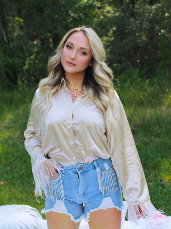 Fabulous Fringe Frayed Denim Shorts with Rhinestone Fringe Pockets Blue Denim
