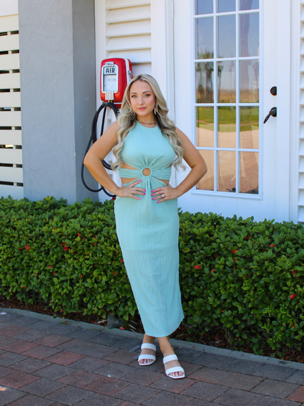 On Island Time Maxi Dress Tie Back with Open Sides, Sage