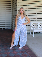 Pina Colada Please Halter Neck Jumpsuit with Open Slit Legs, Gray/White