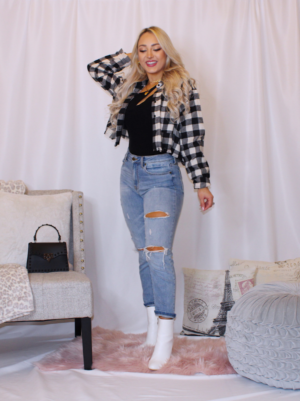 Trendy Lumberjack Cropped Flannel, Black and White
