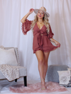 Look At Her Glow Tie Front Ruffle Romper, Marsala