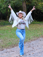 She's Gone Country Faux Leather Fringed White Twill Jacket