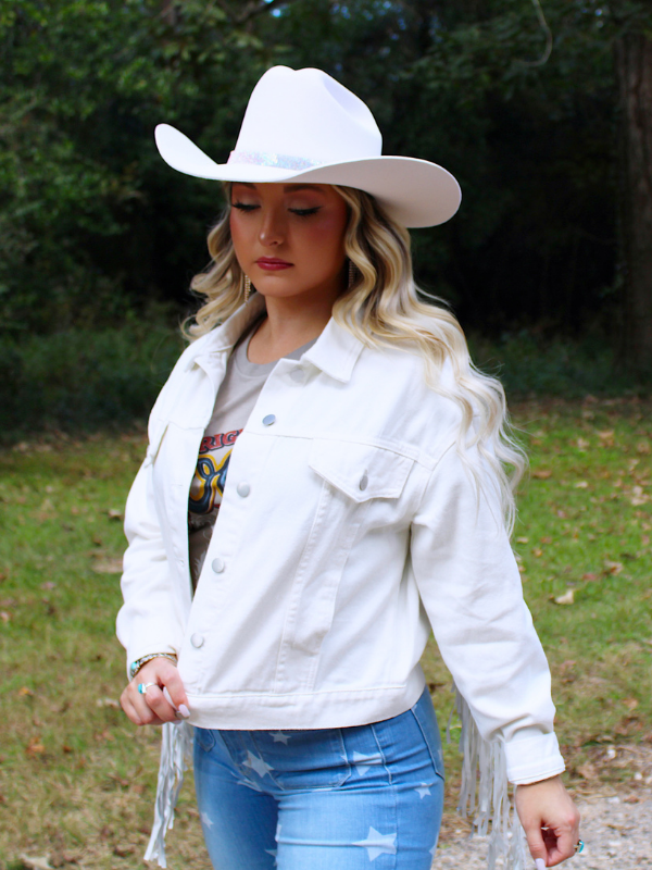 She's Gone Country Faux Leather Fringed White Twill Jacket