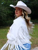 She's Gone Country Faux Leather Fringed White Twill Jacket