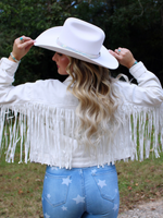 She's Gone Country Faux Leather Fringed White Twill Jacket