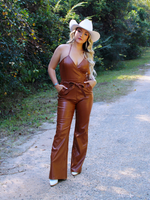 Uptown Cowgirl Faux Leather Halter Jumpsuit, Brown