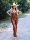 Uptown Cowgirl Faux Leather Halter Jumpsuit, Brown
