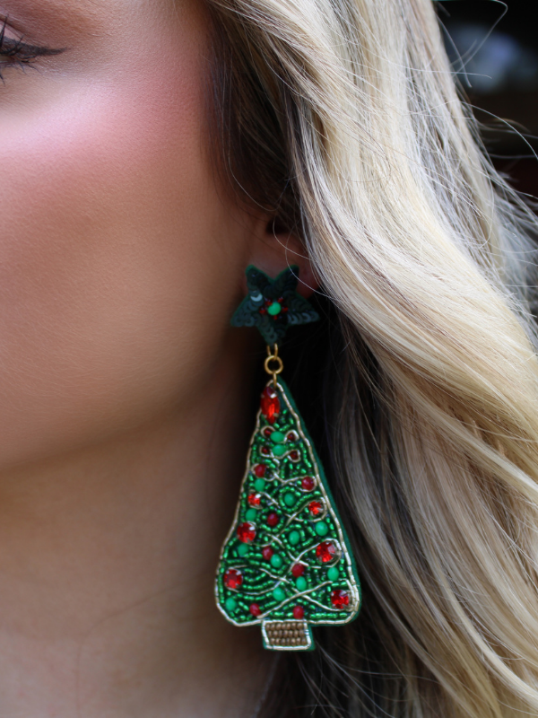 Christmas Tree Beaded Earrings, Green