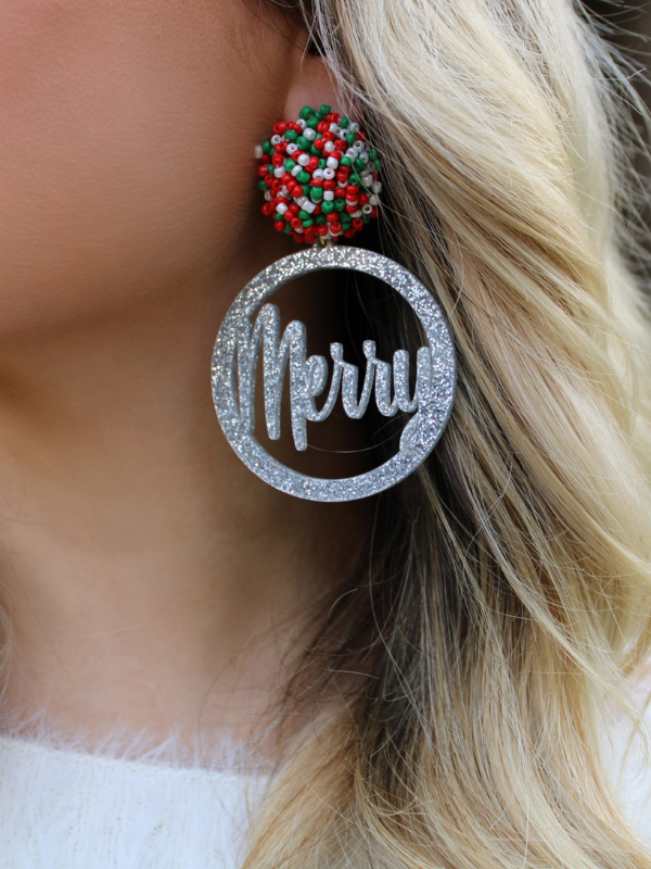 Merry Beaded/Acrylic Earrings, Silver